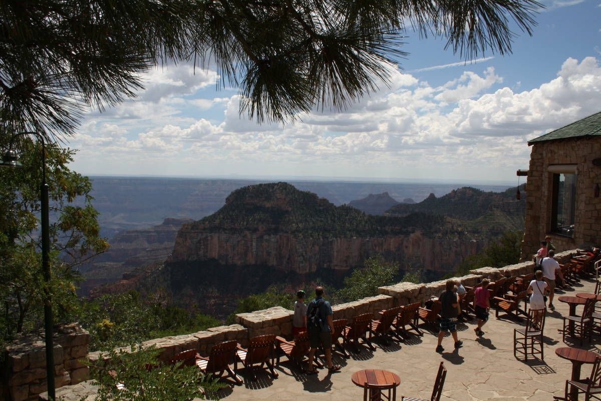The patio at the Grand Canyon Lodge is a wonderful place to relax and take in the far-reaching ...