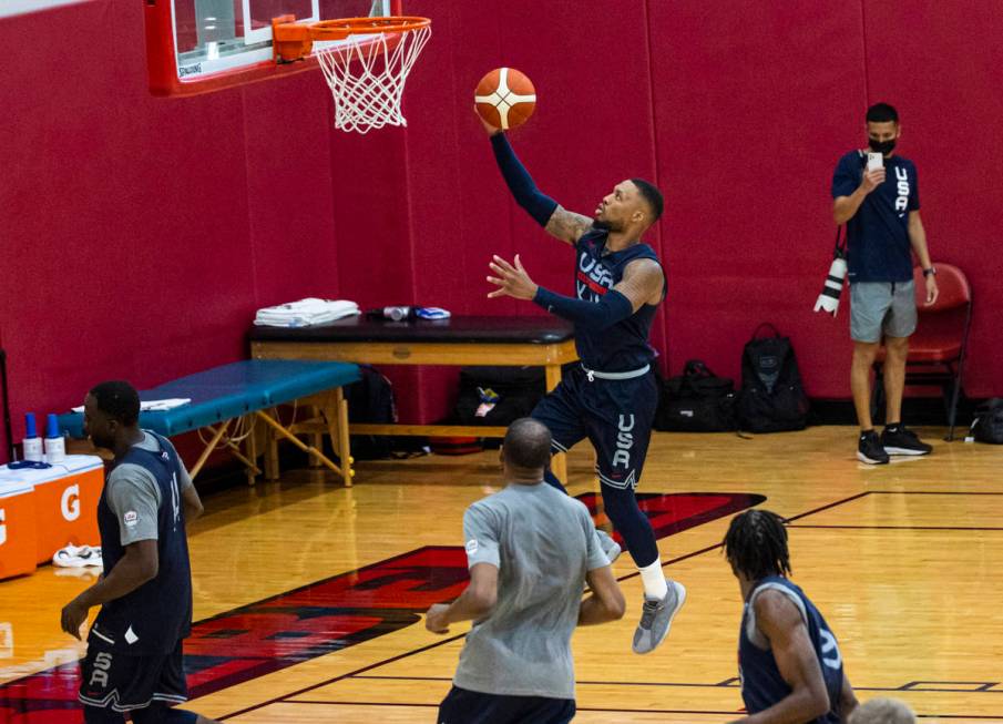 Damian Lillard goes to the basket during the first day of USA Basketball practice, ahead of the ...
