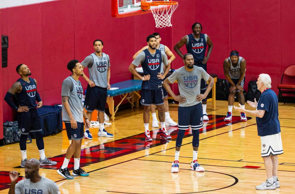 USA Basketball head coach Gregg Popovich, right, talks to players during the first day of USA B ...