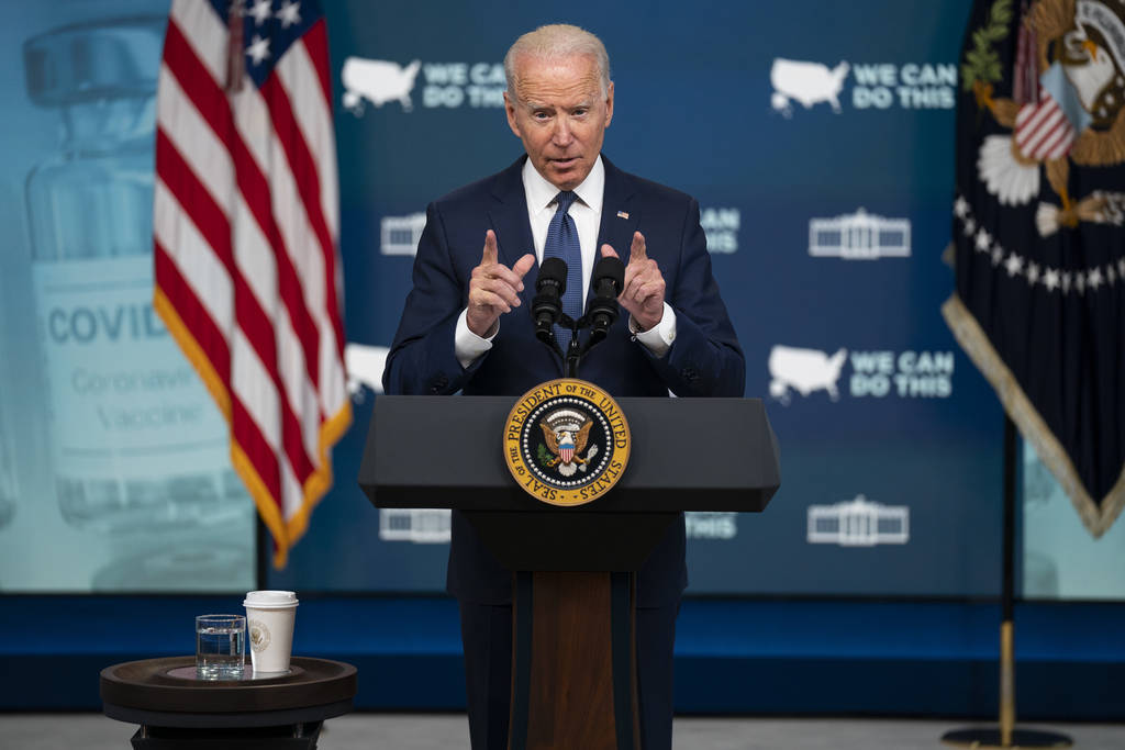 President Joe Biden speaks about the COVID vaccination program during an event in the South Cou ...