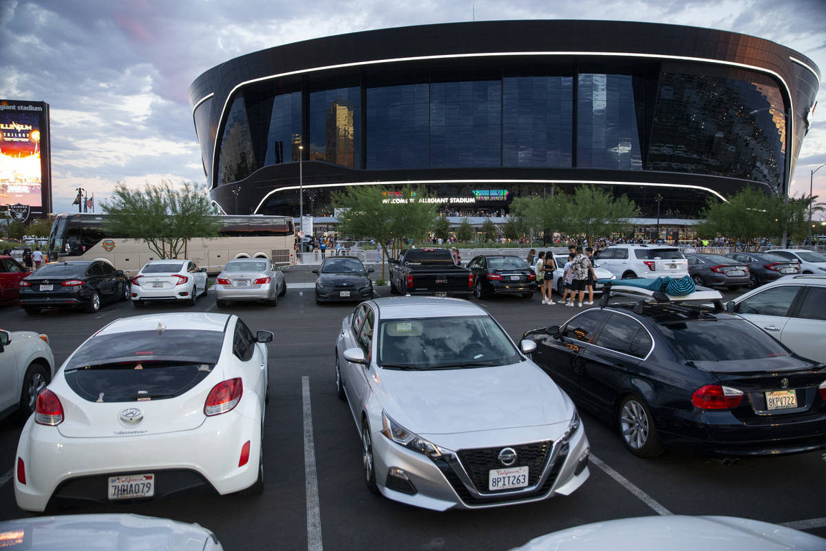 Cars parked on lot C outside of Allegiant Stadium in Las Vegas, Saturday, July 3, 2021. (Erik V ...