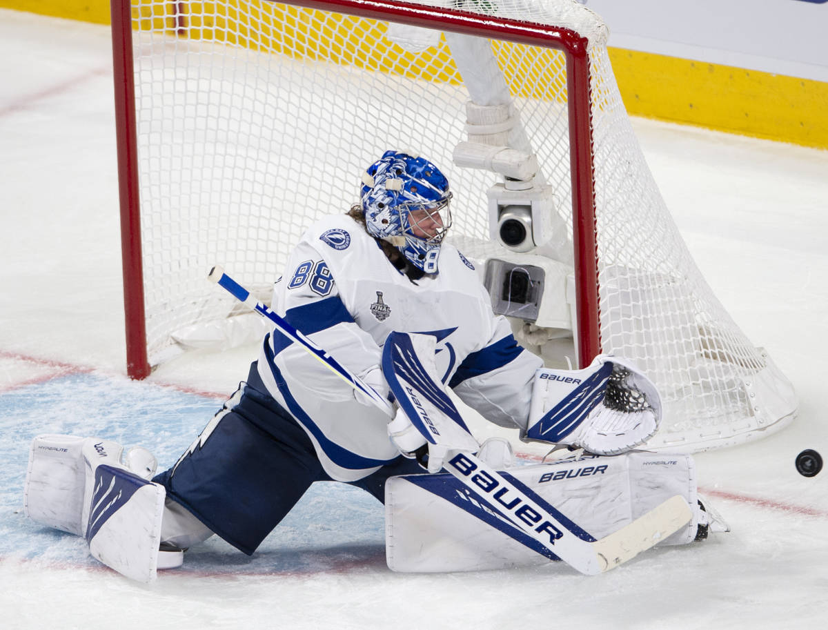 Tampa Bay Lightning goaltender Andrei Vasilevskiy makes a save against the Montreal Canadiens d ...