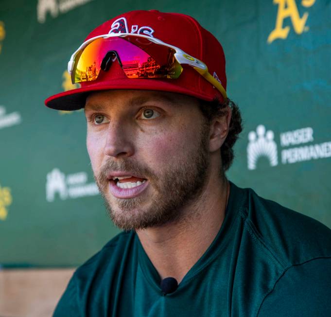 Oakland A's Skye Bolt (49) talks about a possible team move to Las Vegas before a game versus t ...