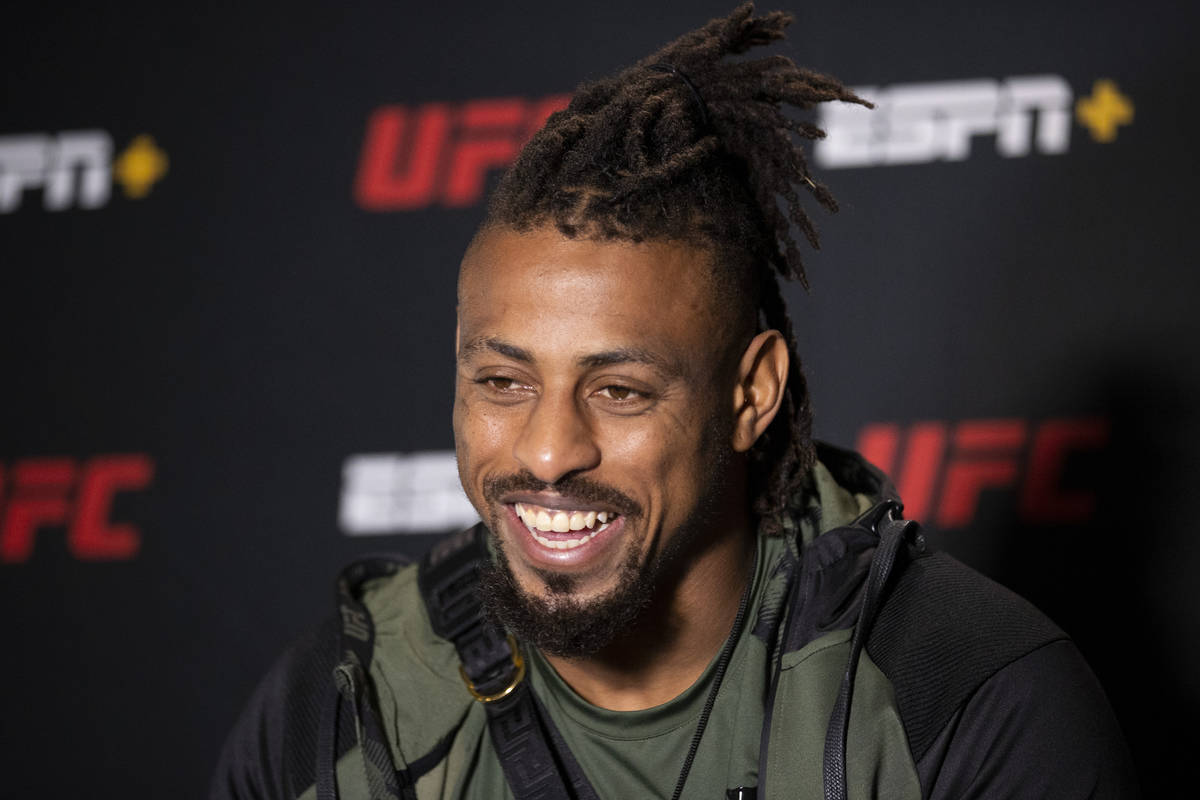 Greg Hardy is interviewed during the UFC 264 media day at the UFC Apex center in Las Vegas, Wed ...