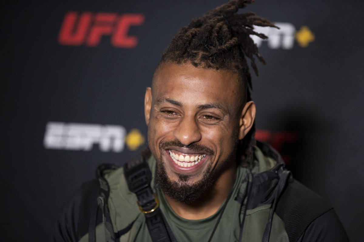 Greg Hardy is interviewed during the UFC 264 media day at the UFC Apex center in Las Vegas, Wed ...