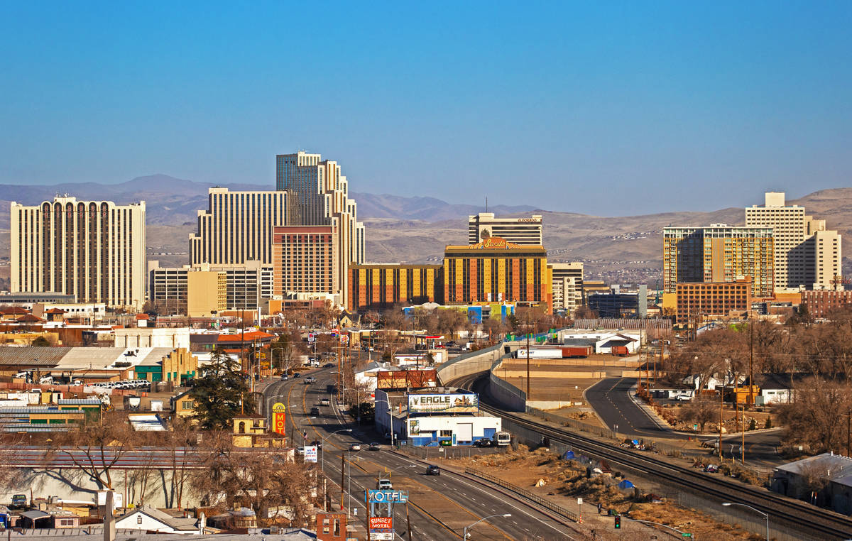 The downtown Reno skyline on Tuesday, Jan. 19, 2021. (Benjamin Hager/Las Vegas Review-Journal) ...