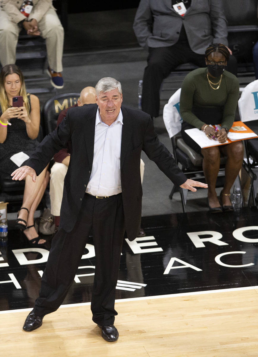 Las Vegas Aces head coach Bill Laimbeer shouts fromt he sidelines during a WNBA game against th ...