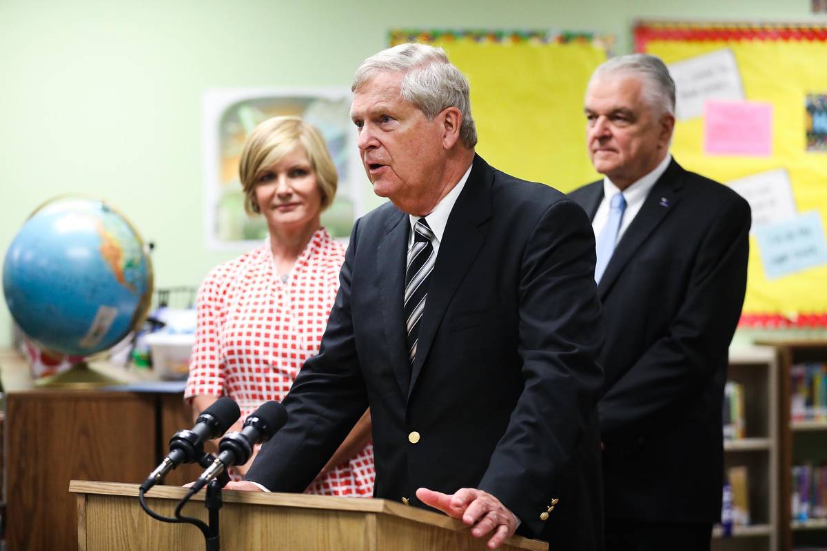 Agriculture Secretary Tom Vilsack addresses the media next to Rep. Susie Lee, D-Nev., left, and ...
