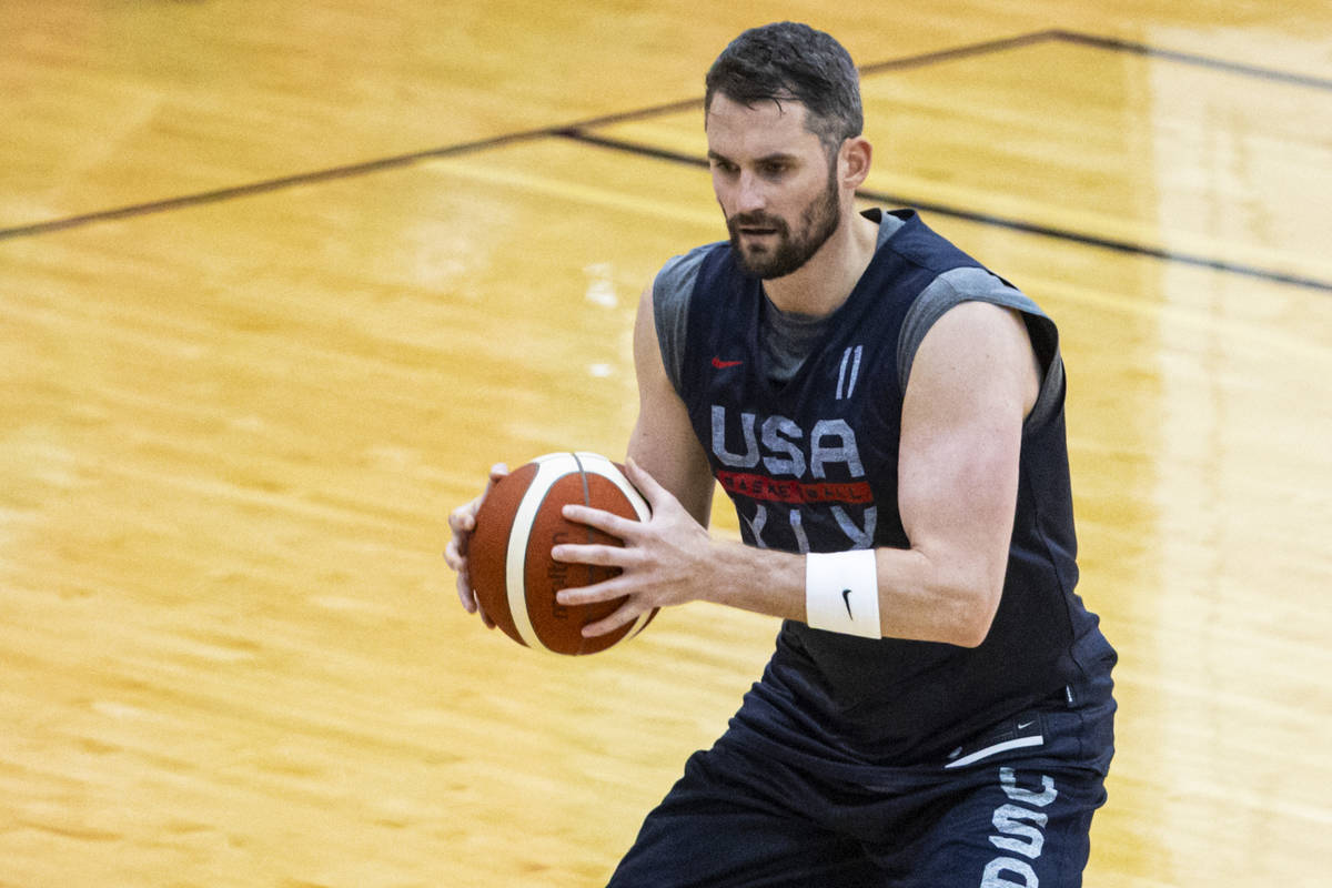 Kevin Love trains during the first day of USA Basketball practice, ahead of the OIympics, at Me ...