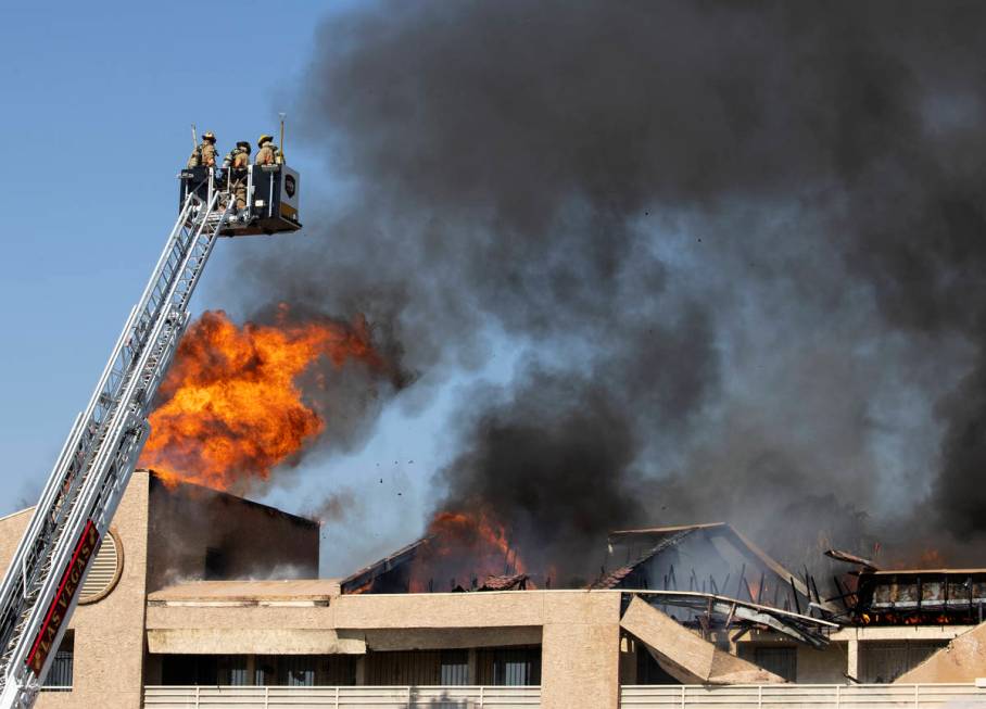 Las Vegas firefighters battle a fire at Bonanza Park Studios on 2221 Bonanza Road, on Friday, J ...