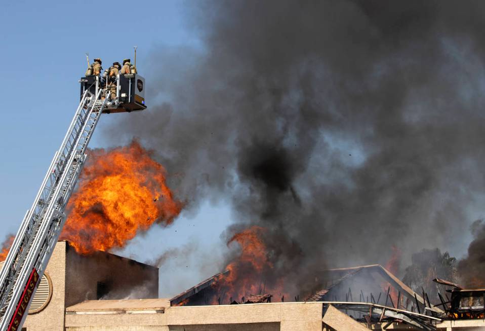 Las Vegas firefighters battle a fire at Bonanza Park Studios on 2221 Bonanza Road, on Friday, J ...