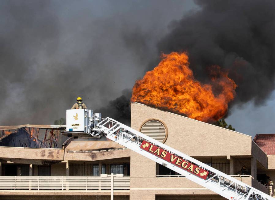 Las Vegas firefighters battle a fire at Bonanza Park Studios on 2221 Bonanza Road, on Friday, J ...