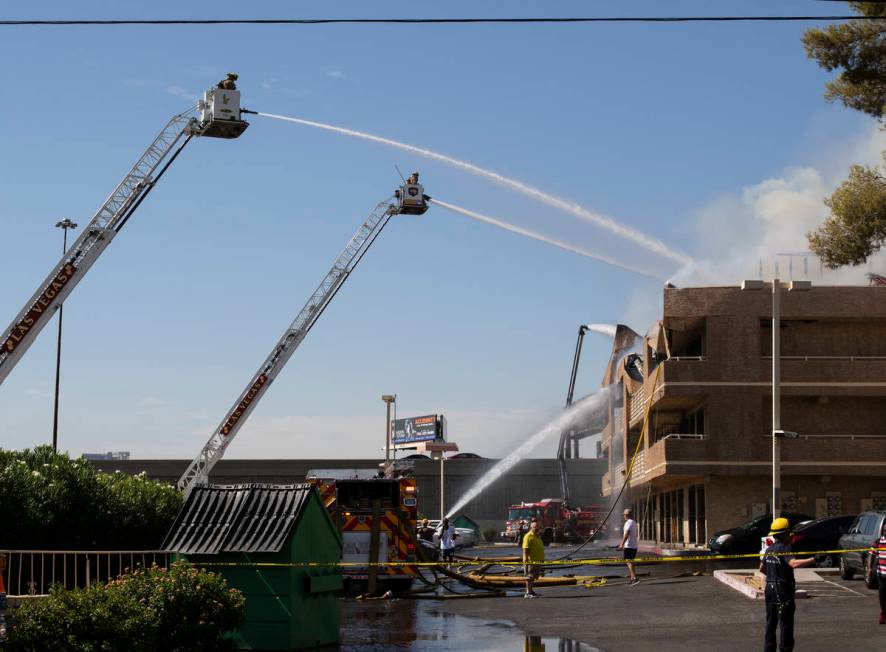 Las Vegas firefighters battle a fire at Bonanza Park Studios on 2221 Bonanza Road, on Friday, J ...