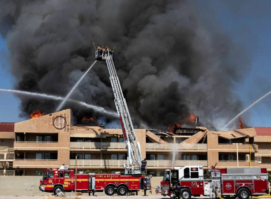 Las Vegas firefighters battle a fire at Bonanza Park Studios on 2221 Bonanza Road, on Friday, J ...