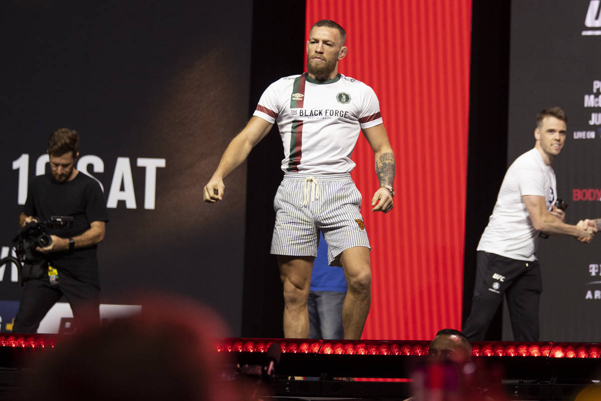 Conor McGregor takes the stage during the UFC 264 weigh-in event at T-Mobile Arena in Las Vegas ...