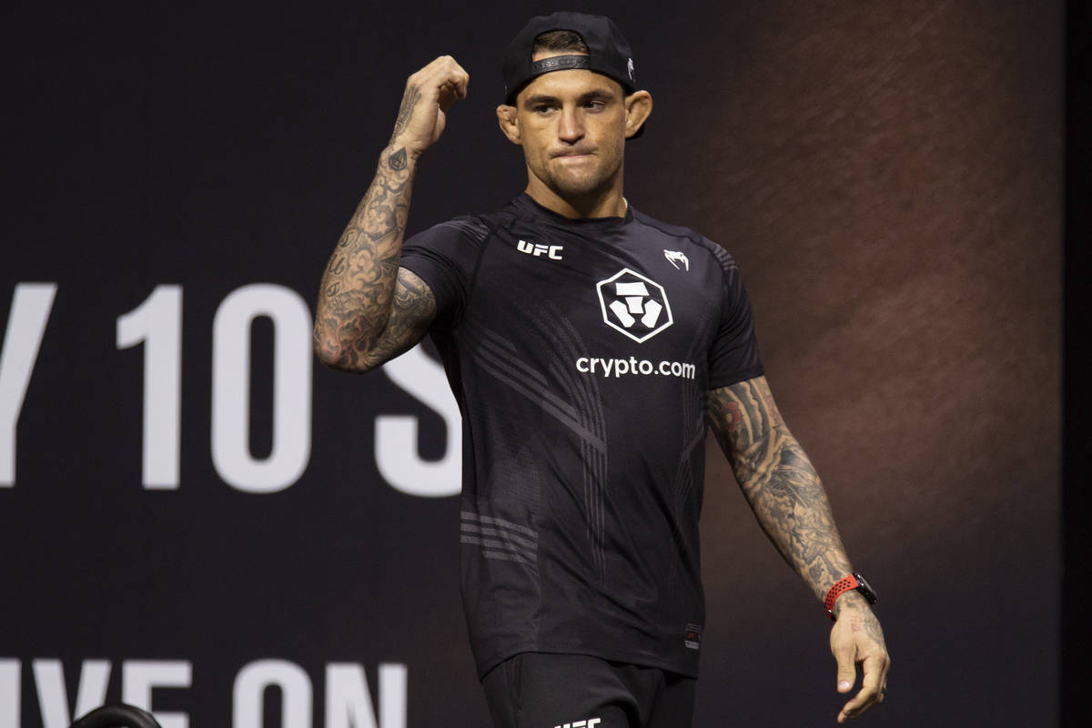 Dustin Poirier takes the stage during the UFC 264 weigh-in event at T-Mobile Arena in Las Vegas ...
