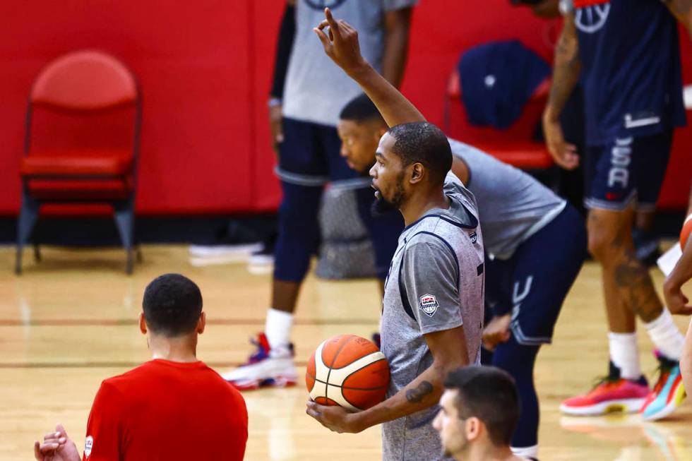 Kevin Durant motions to teammates while participating in drills during USA Basketball practice, ...