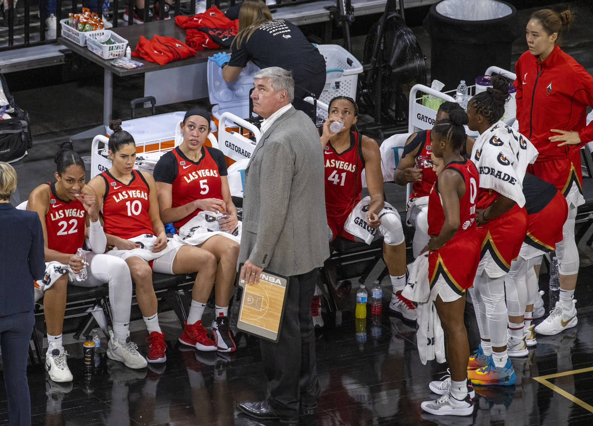 Las Vegas Aces head coach Bill Laimbeer looks off during a timeout versus the Minnesota Lynx du ...