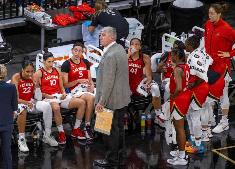 Las Vegas Aces head coach Bill Laimbeer looks off during a timeout versus the Minnesota Lynx du ...