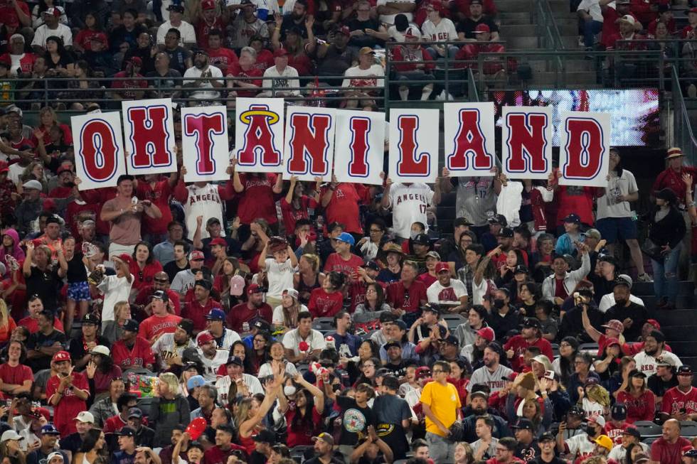 Fans hold up a sign in honor of Los Angeles Angels designated hitter Shohei Ohtani (17) during ...