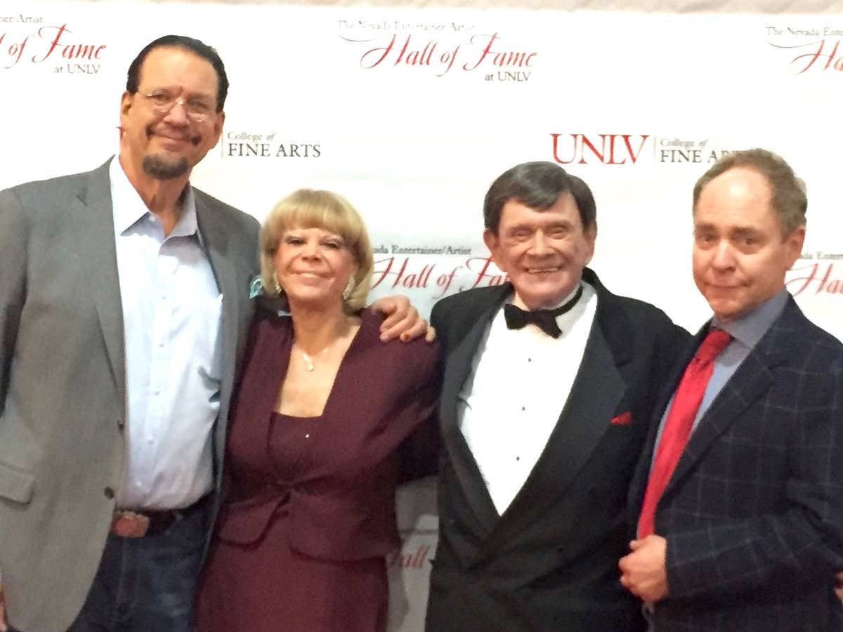 Penn & Teller flank Pam and Johnny Thompson at the UNLV College of Fine Arts Hall of Fame event ...