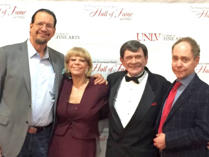 Penn & Teller flank Pam and Johnny Thompson at the UNLV College of Fine Arts Hall of Fame event ...