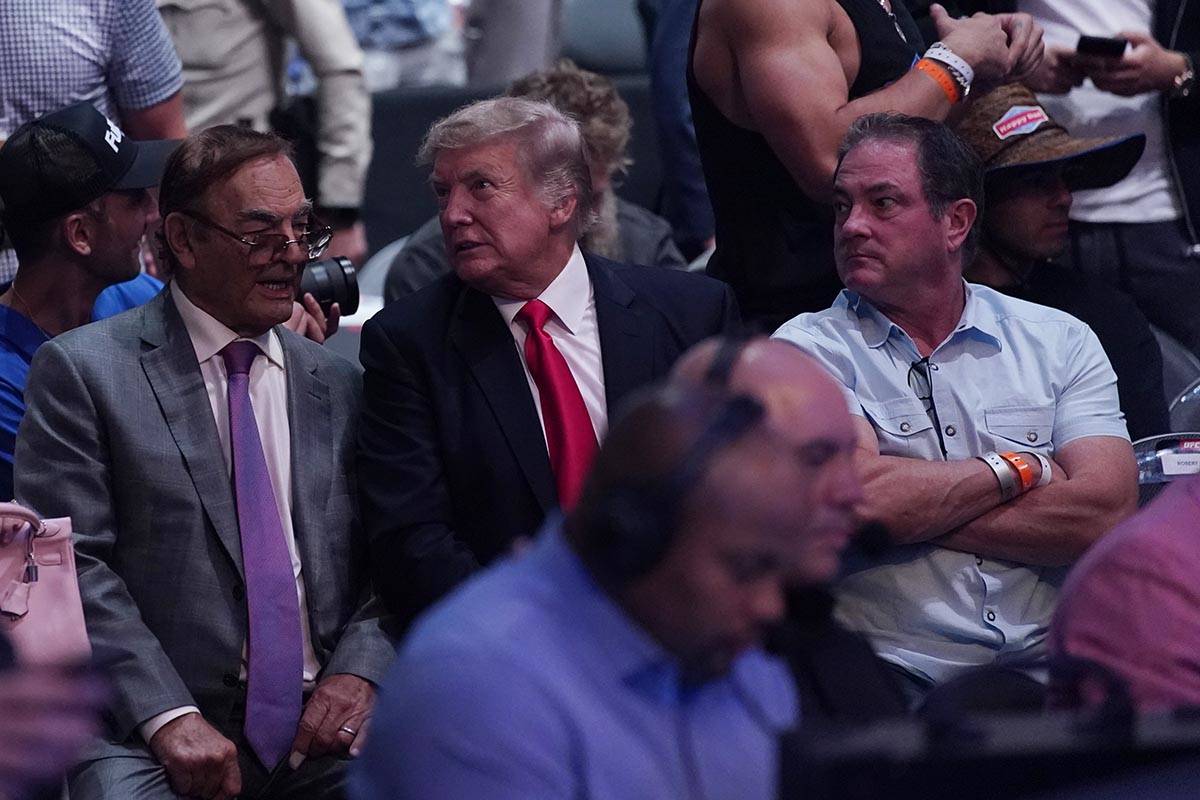 Former U.S. President Donald Trump, center attends UFC 264 Saturday, July 10, 2021, in Las Vega ...