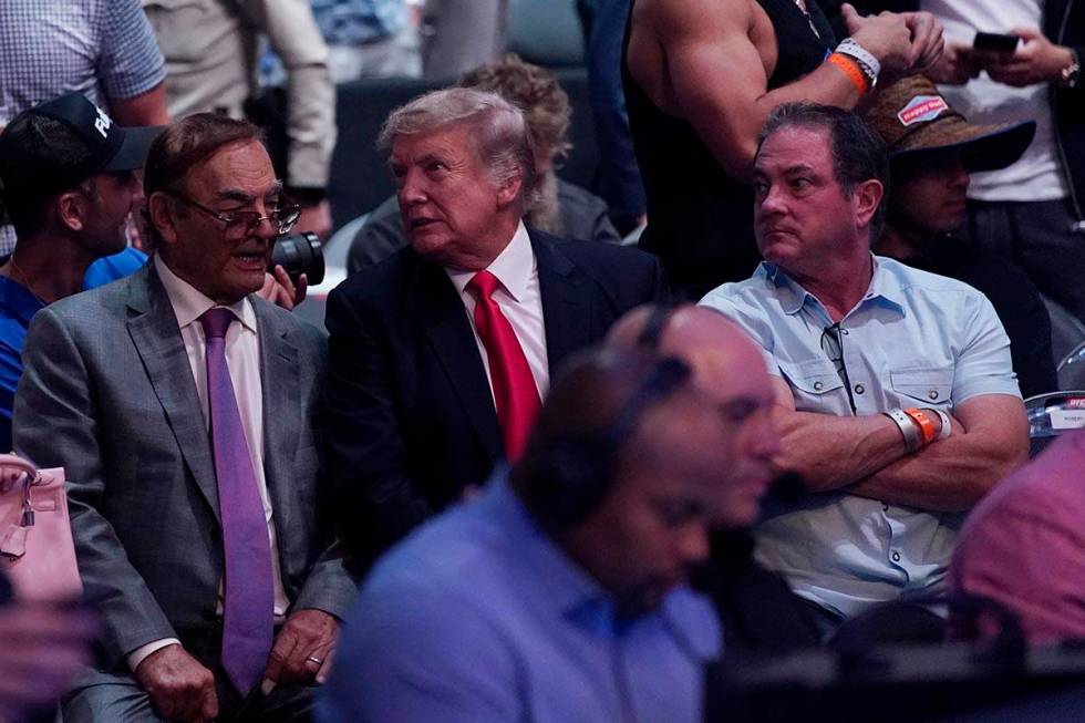 Former U.S. President Donald Trump, center attends UFC 264 Saturday, July 10, 2021, in Las Vega ...