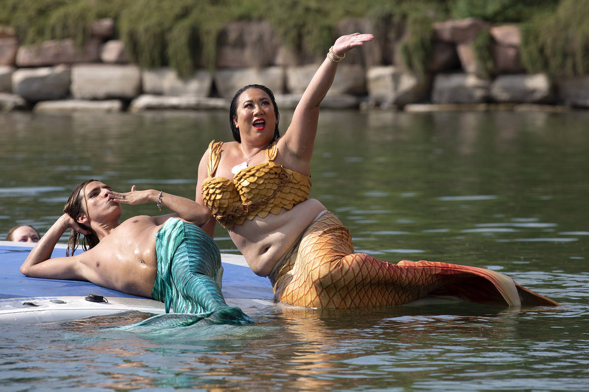 Mermaids pose at Lake Las Vegas on Saturday, June 19, 2021, in Henderson. (Ellen Schmidt/Las Ve ...
