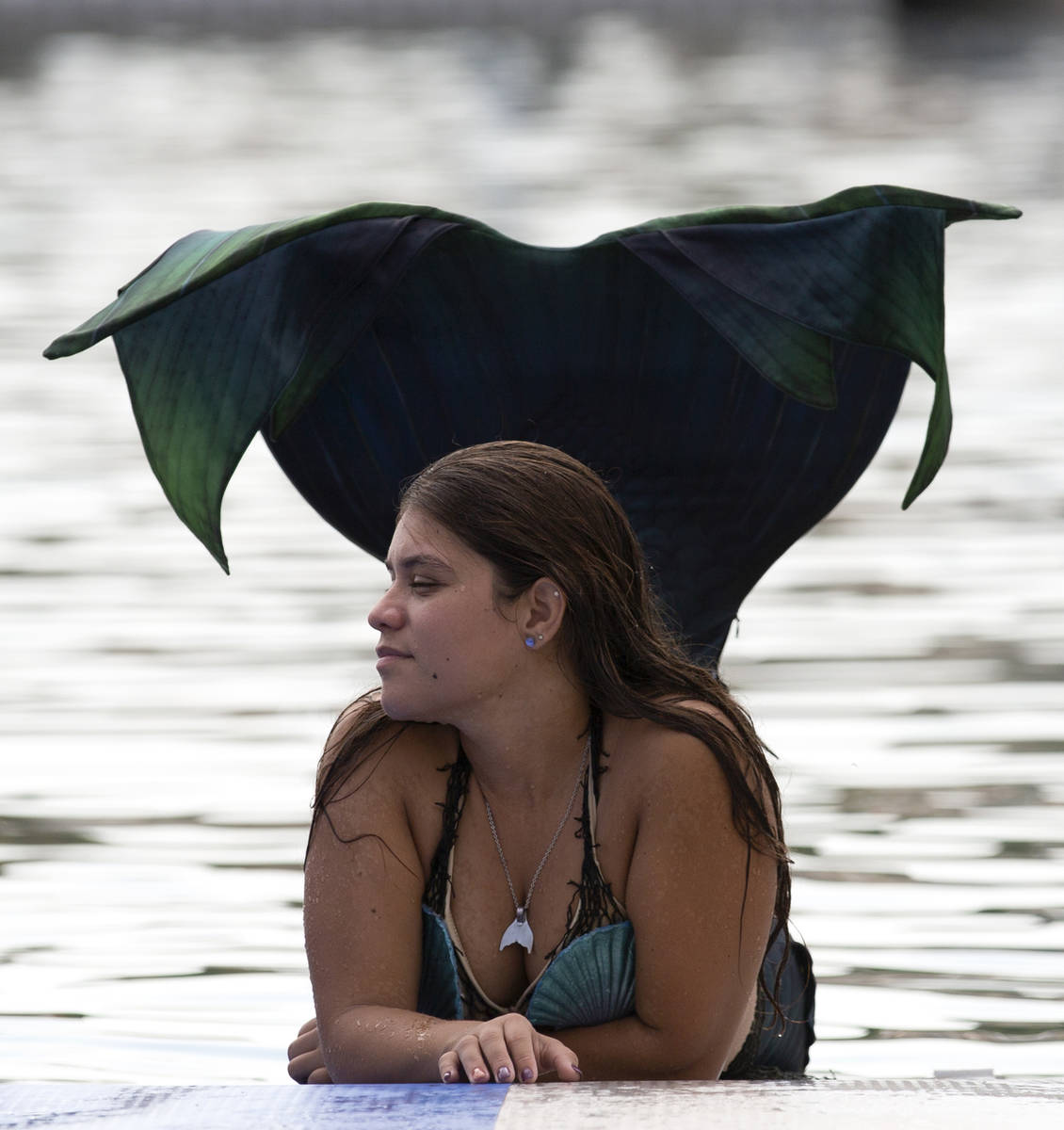 A mermaid enjoys the sun and water at Lake Las Vegas on Saturday, June 19, 2021, in Henderson. ...