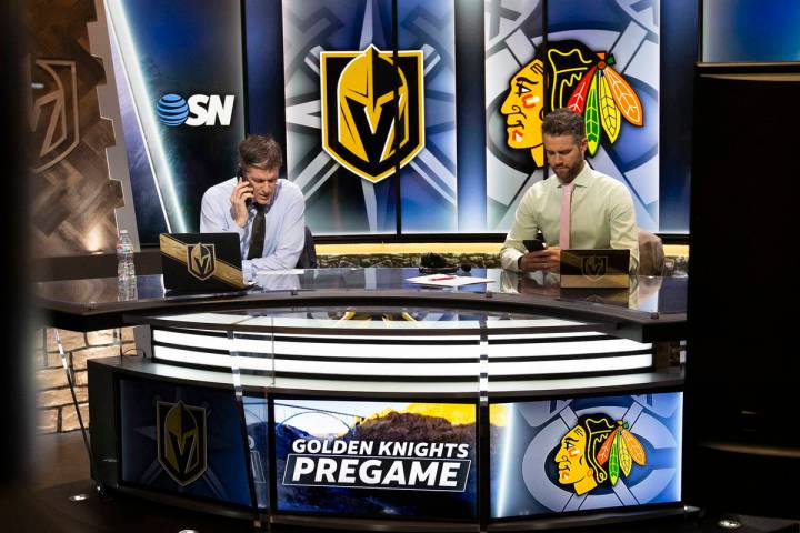 Vegas Golden Knights pregame show host Daren Millard, left, and lead analyst Mike McKenna, righ ...