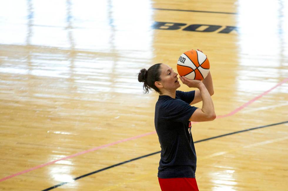 Sue Bird shoots during a 2021 USA Basketball Women's National team practice in Mendenhall Cente ...
