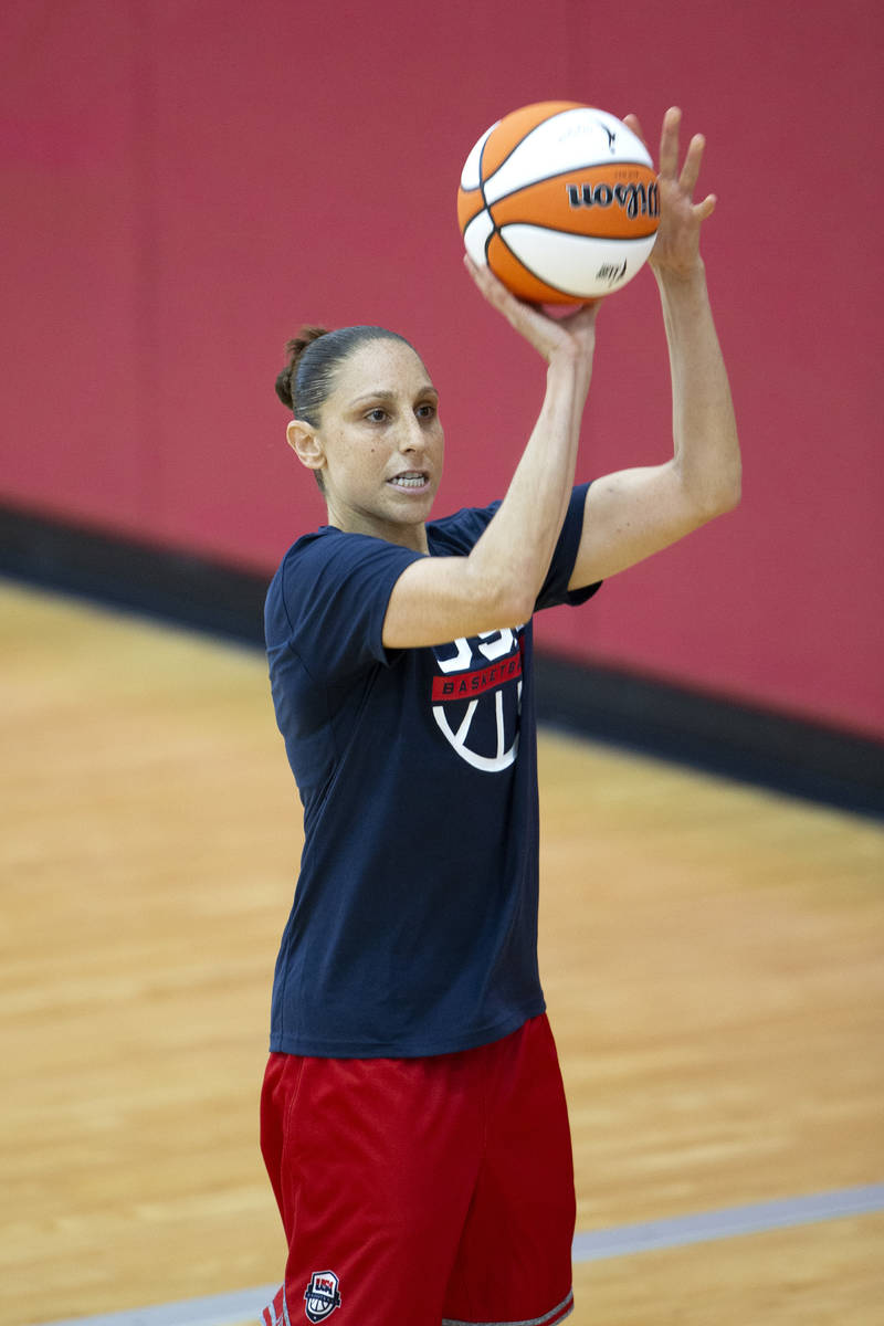 Diana Taurasi shoots during a 2021 USA Basketball Women's National team practice in Mendenhall ...