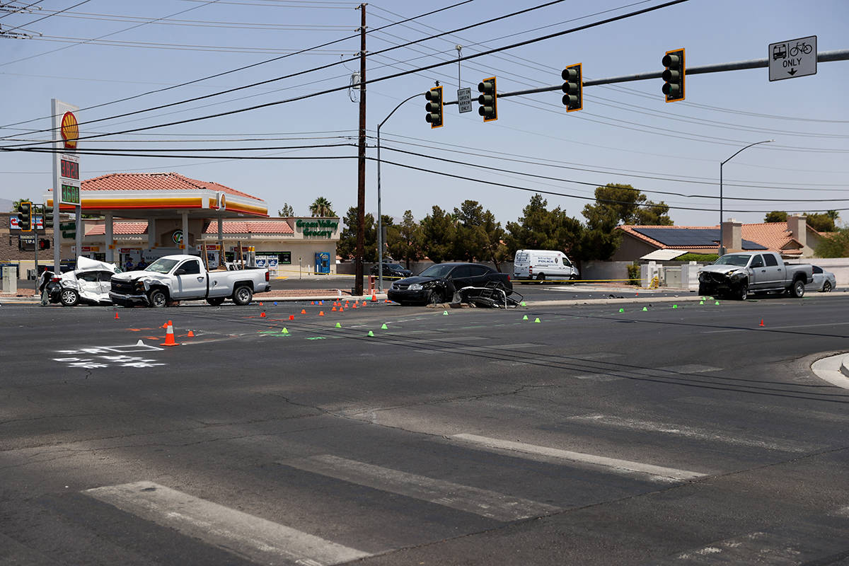 The scene of a crash at the intersection of Craig Road and Allen Lane in North Las Vegas, Tuesd ...
