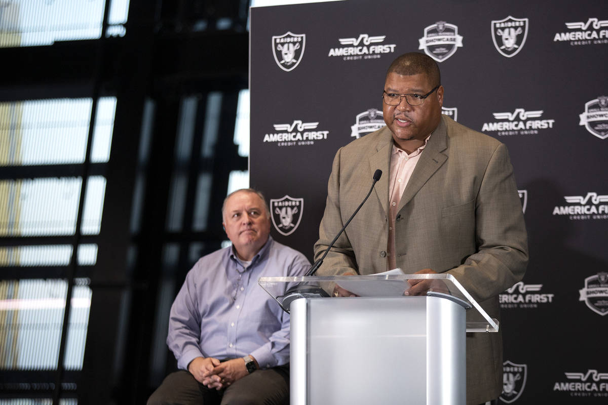 Lincoln Kennedy, a Raiders' alumnus and small business owner, emcees the announcement of the wi ...