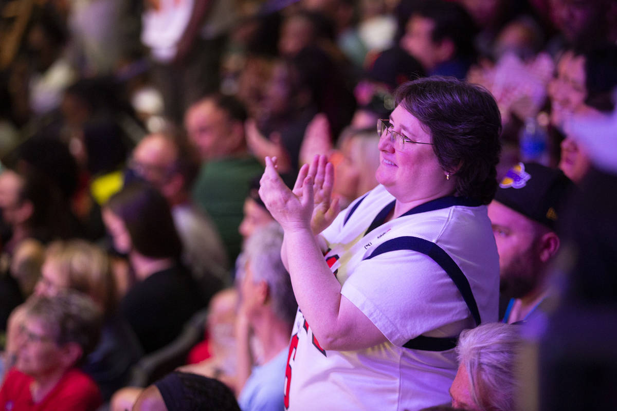 A fan cheers during a WNBA All-Star basketball game at Michelob ULTRA Arena on Wednesday, July ...