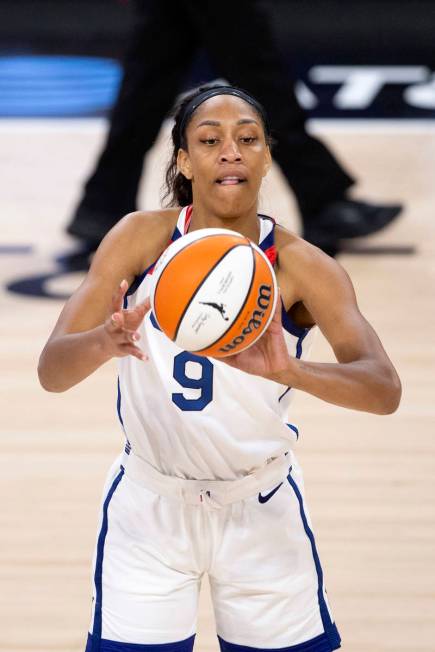 U.S. Women's National Team's A'ja Wilson, who plays for the Las Vegas Aces in the WNBA, passes ...