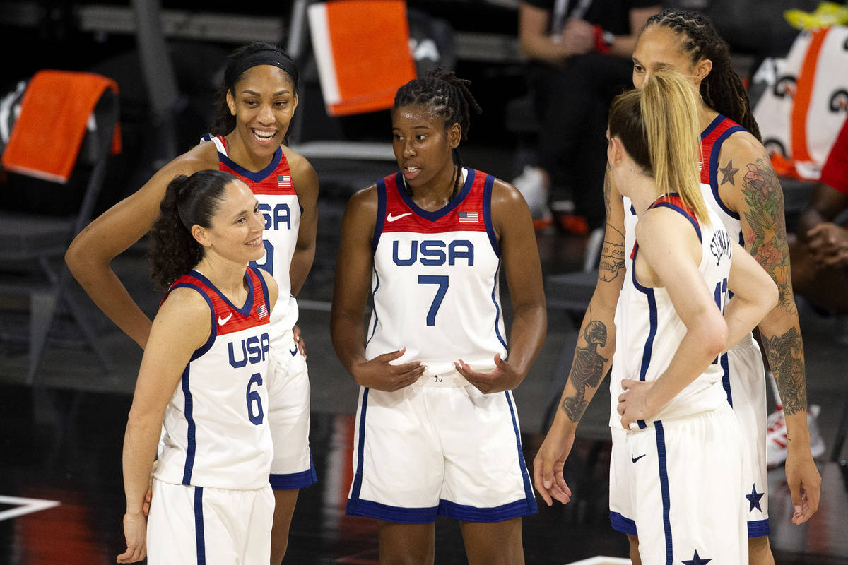 Members of the U.S. Women's National Team communicate in a timeout during a WNBA All-Star baske ...