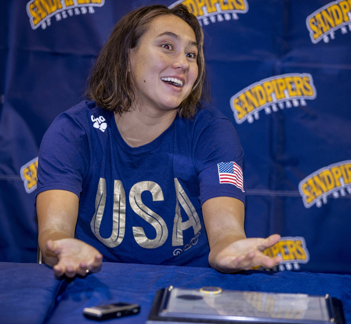 Sandpipers of Nevada Olympic swim team member Erica Sullivan answers a media question at the Bo ...