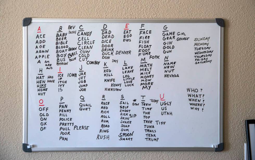 A dry erase board shows different words practiced by Byron Peterson, not pictured, who has Wern ...