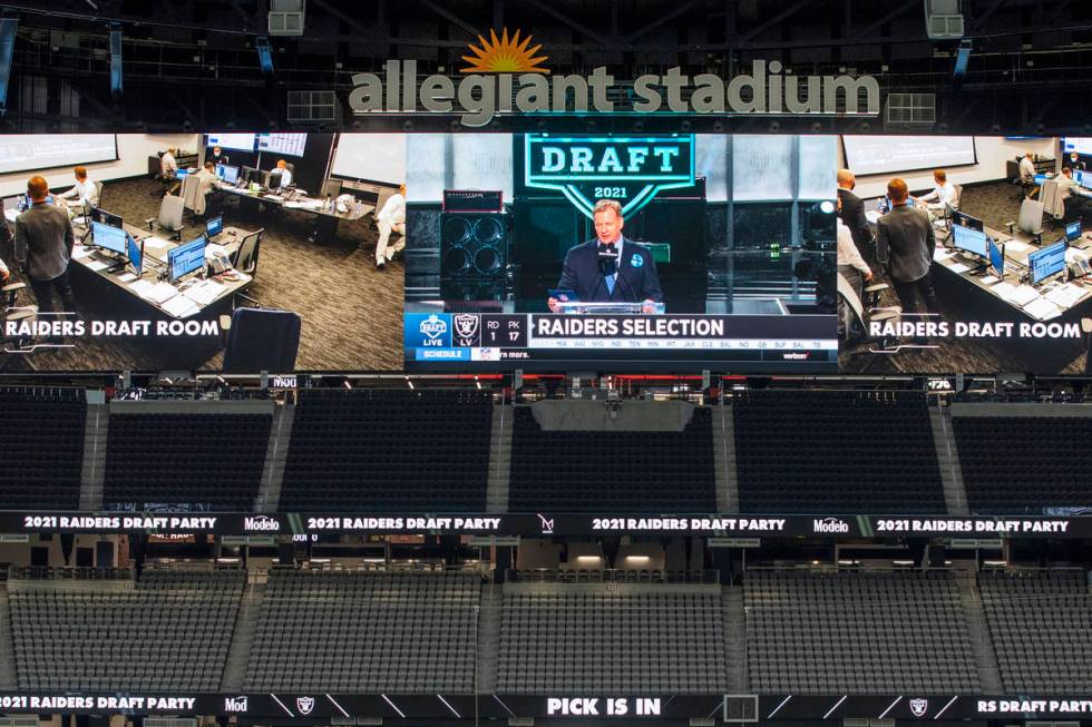 NFL Commissioner Roger Goodell announces the team's first pick during the 2021 Las Vegas Raider ...