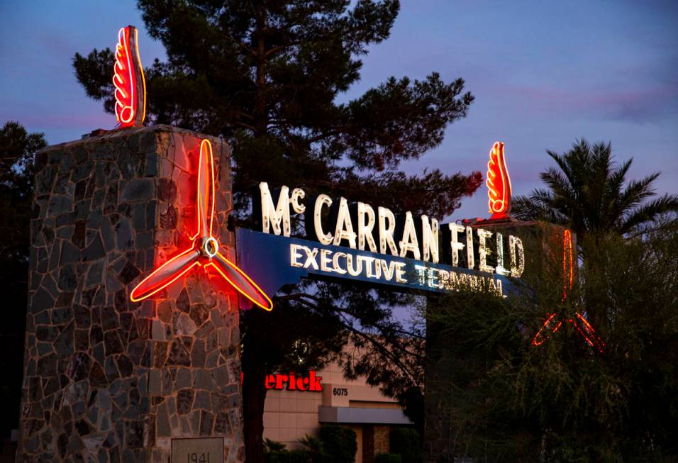 A view of the McCarran Field Executive Terminal neon sign by McCarran International Airport in ...