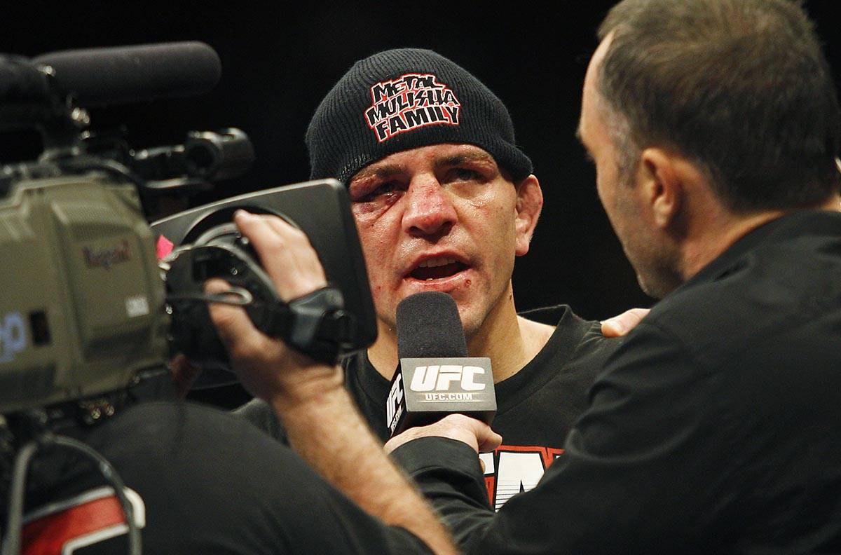 Nick Diaz addresses the crowd after defeating BJ Penn during the main event at UFC 137 at the M ...