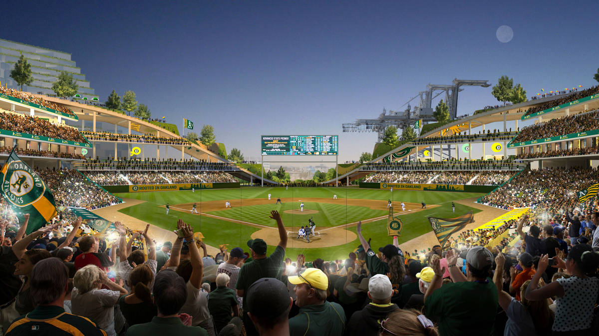 This rendering released Wednesday, Nov. 28, 2018, by the Oakland Athletics shows an interior vi ...