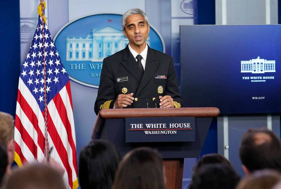 FILE - In this Thursday, July 15, 2021 file photo, Surgeon General Dr. Vivek Murthy speaks duri ...