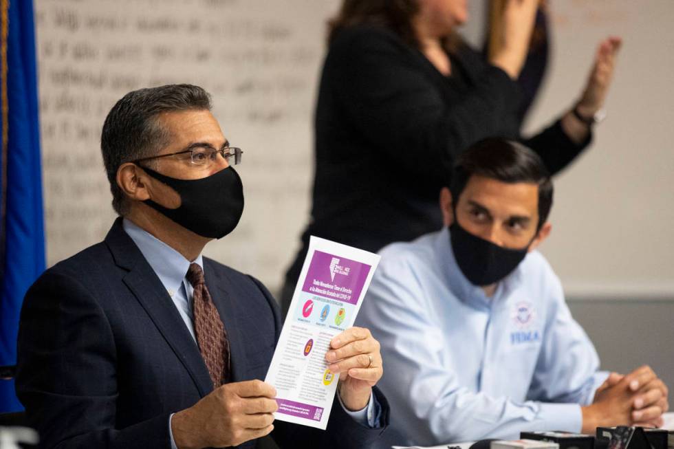 U.S. Health and Human Services Secretary Xavier Becerra, left, with FEMA Acting Associate Admin ...