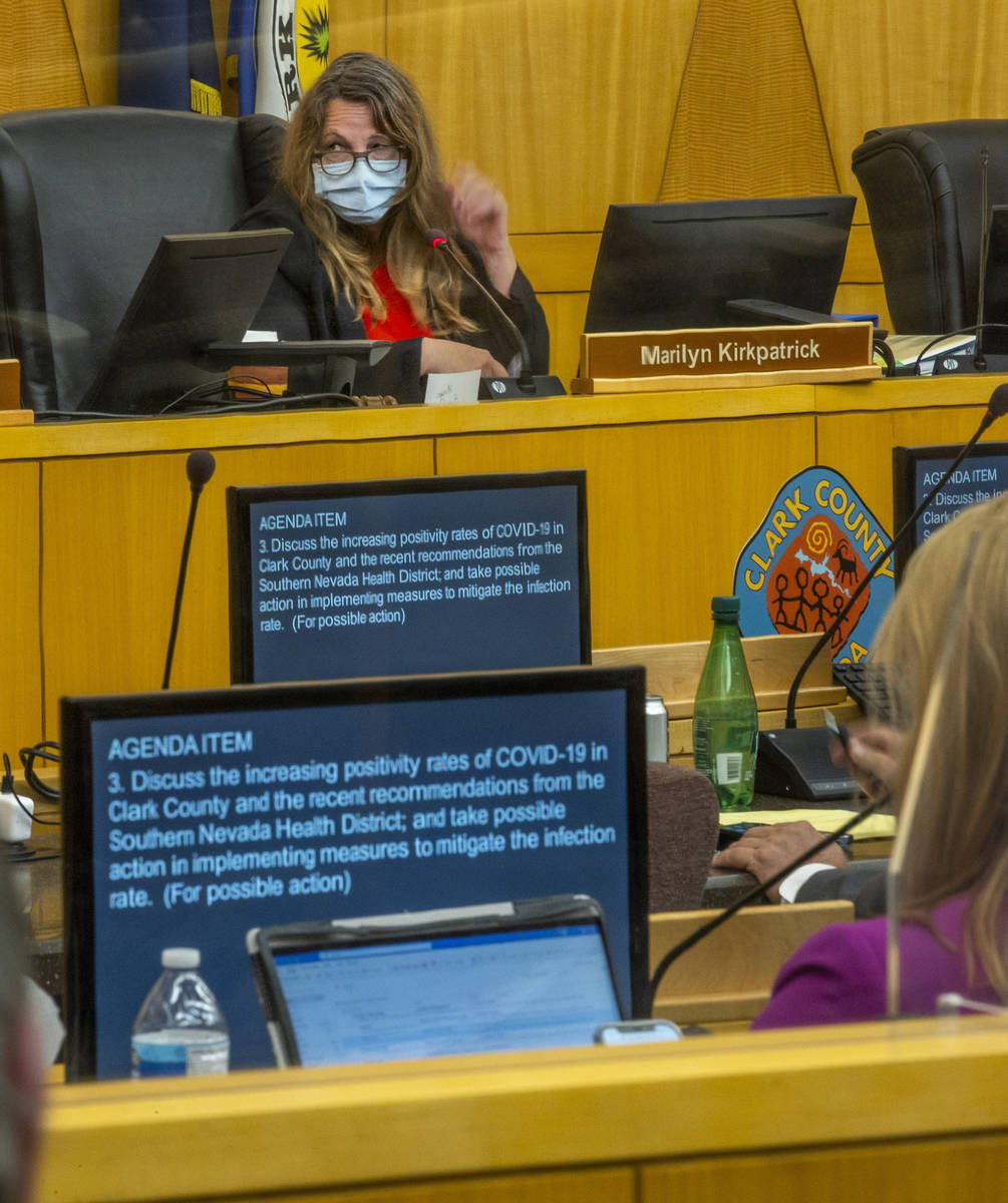 Clark County Commission Chairman Marilyn Kirkpatrick during a Clark County Commission meeting t ...