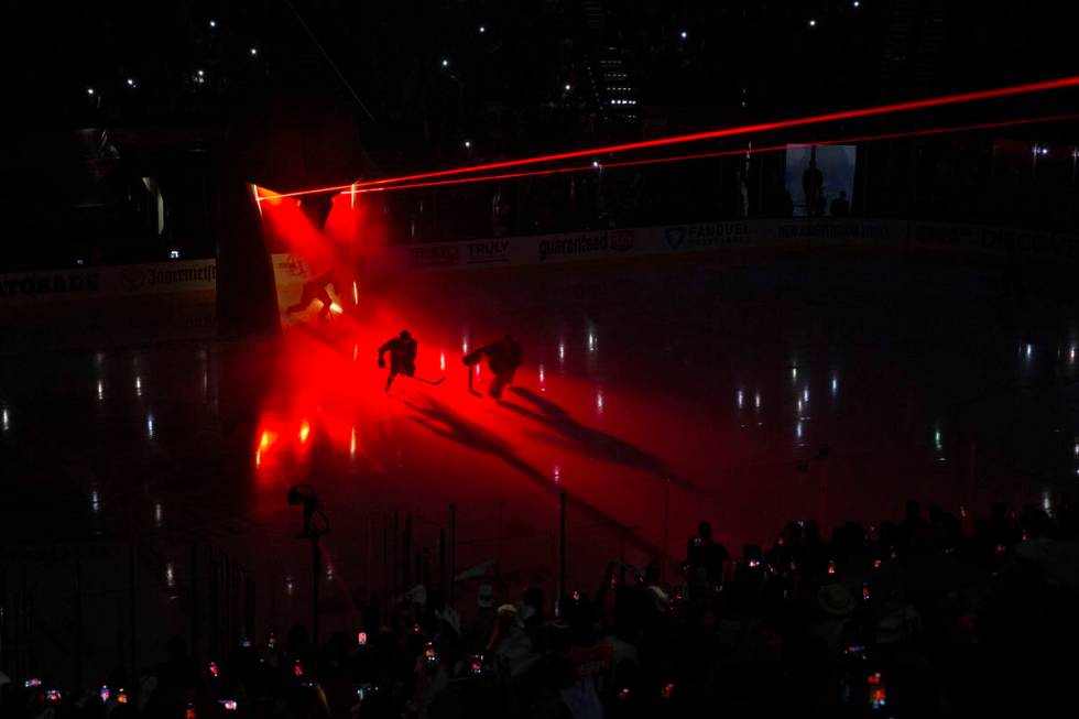 The Golden Knights take the ice before Game 5 of an NHL hockey Stanley Cup semifinal playoff se ...