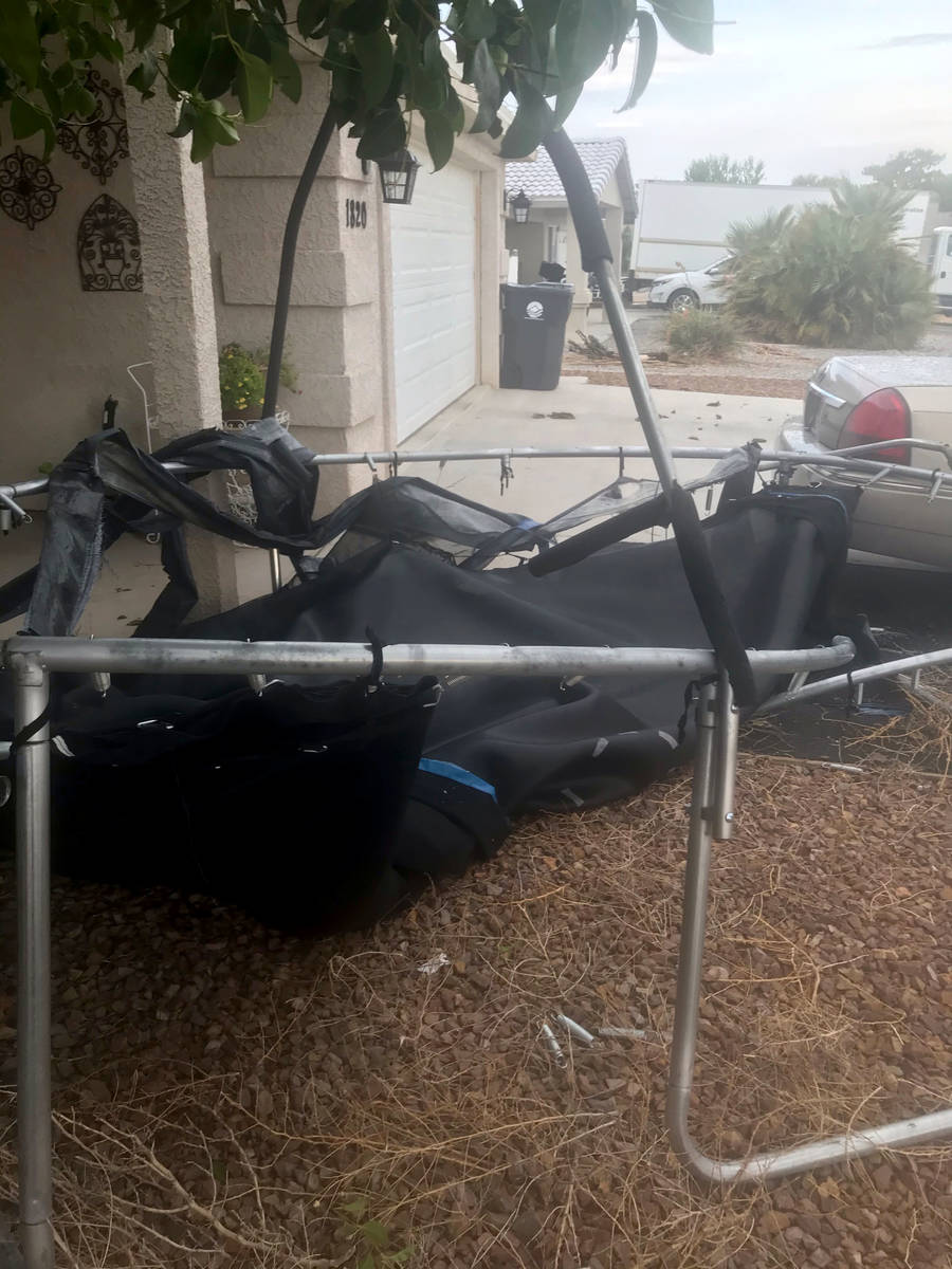 A large trampoline is seen in Pahrump, Monday, July 26, 2021, after it hits Ann Noha's house an ...