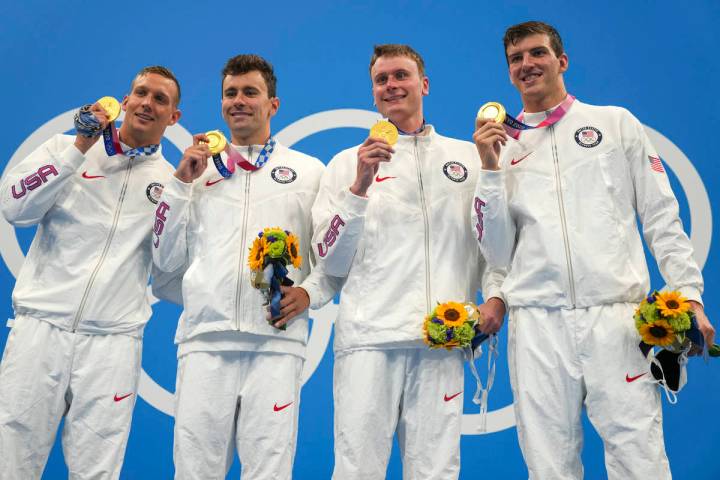 United States men's 4x100m freestyle relay team of Caeleb Dressel, Blake Pieroni, Bowe Becker a ...